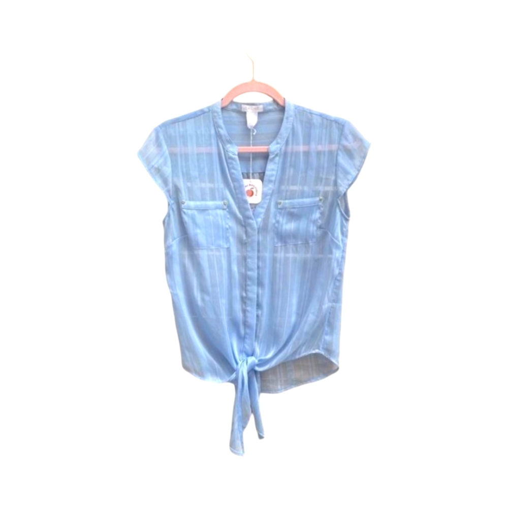Cache Sheer Button Down Light Blue Top NWT Large